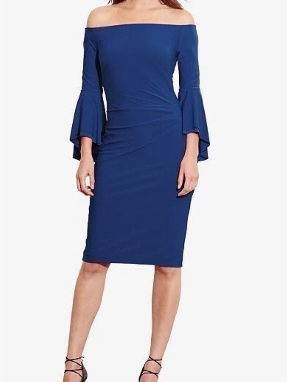 Ralph Lauren Cobalt Blue Off-Shoulder Sheath Dress with Bell Sleeves Sz 10